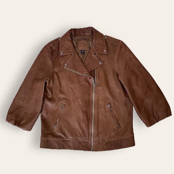 Gap Brown Leather Cropped Sleeve Moto Jacket - Picture 2 of 10